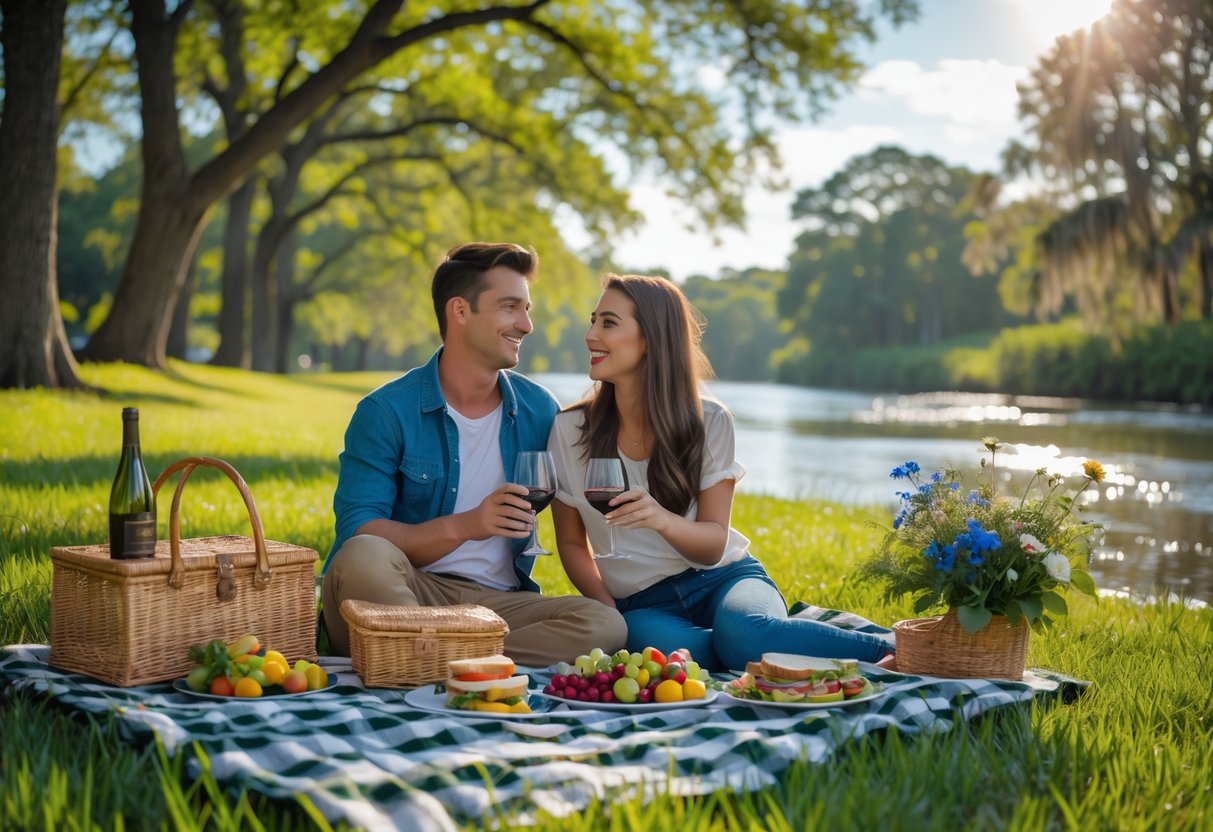 A young couple enjoying a picnic on a blanket by a river in a green park with trees and blue sky.