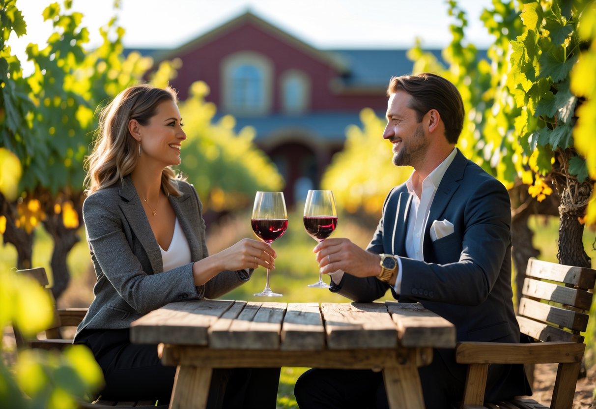 A couple enjoying wine tasting outdoors at a winery surrounded by grapevines.