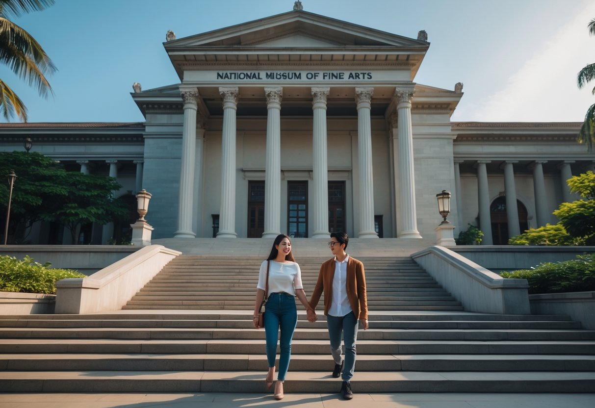 A young couple holding hands and walking outside the National Museum of Fine Arts, surrounded by classical architecture and greenery.
