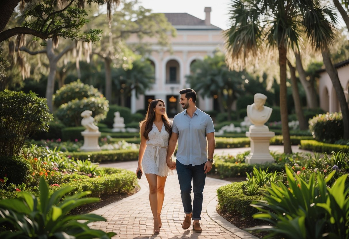 A couple walking together through lush gardens with flowers and trees near a historic museum building.