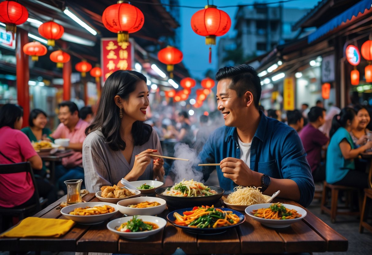A couple enjoying a meal together at a busy outdoor food market in Binondo, Manila, surrounded by traditional lanterns and street food stalls.