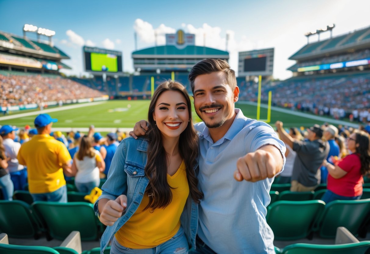 A couple smiling and cheering together in the stands at a football stadium during a daytime game.