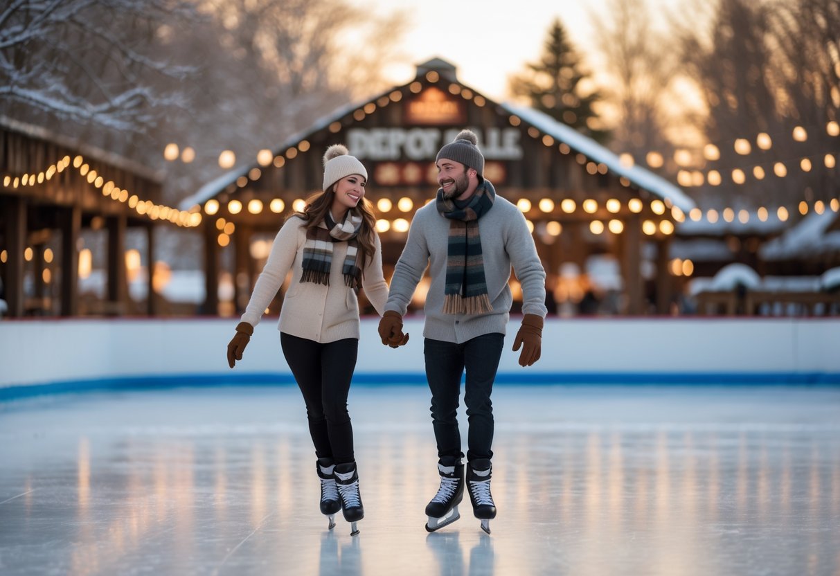 A couple ice skating hand in hand on an outdoor rink surrounded by winter decorations and lights.
