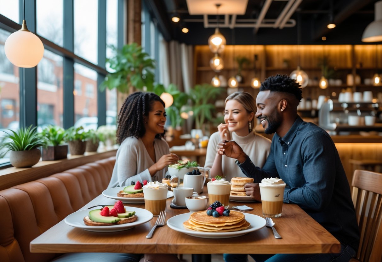 A couple enjoying brunch together at a wooden table in a bright, cozy restaurant with plates of food and coffee.
