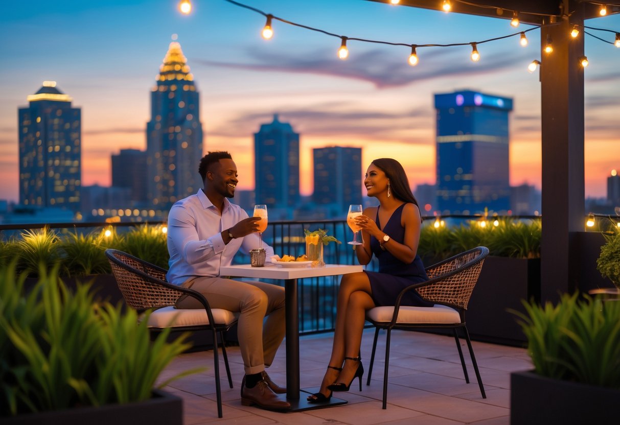 A couple enjoying drinks together at a rooftop bar with a city skyline in the background during sunset.