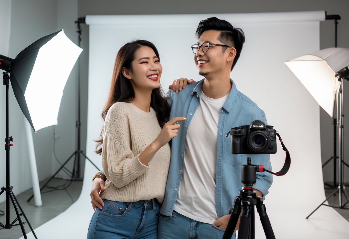 A young couple posing and smiling together in a photography studio during a self-shoot photoshoot.