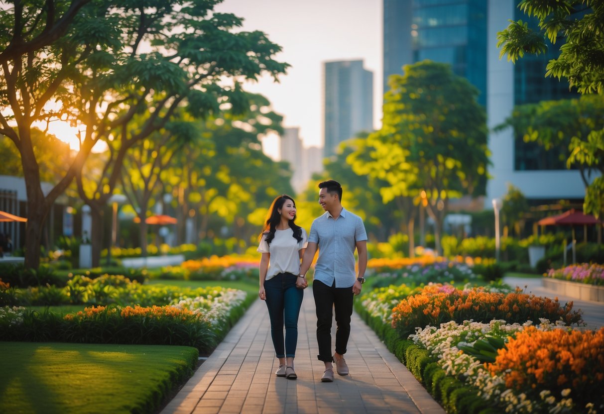 A couple walking hand in hand through a lush urban garden with trees, flowers, and city buildings in the background.