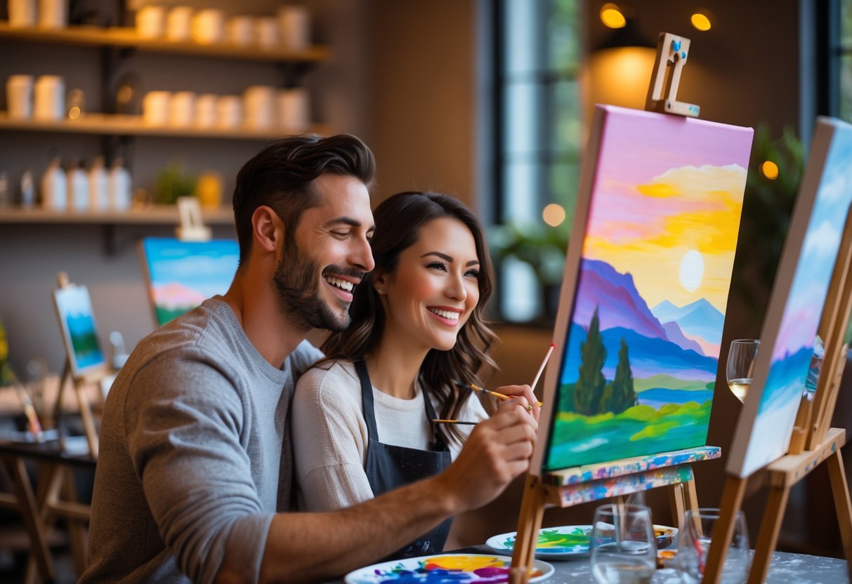 A couple painting together in an art studio with easels, canvases, and wine glasses nearby.