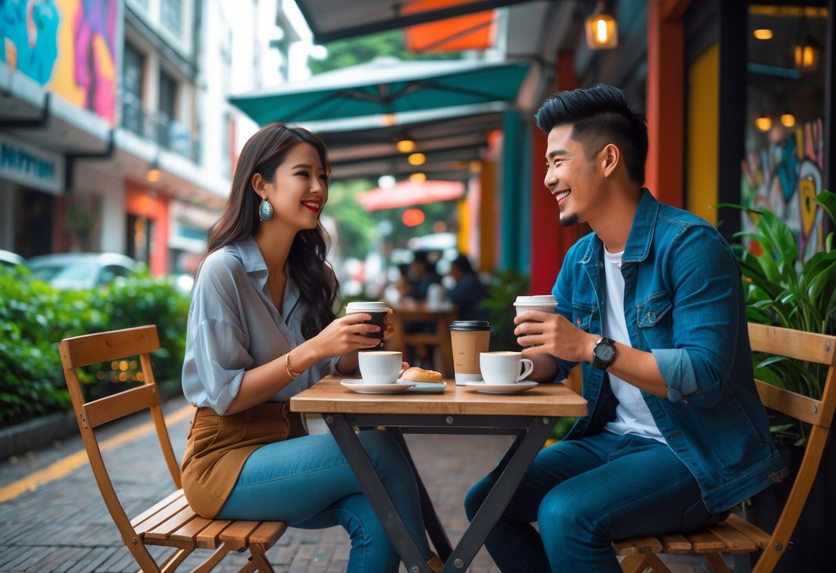 A young couple enjoying coffee together at an outdoor café table in a lively urban street setting.