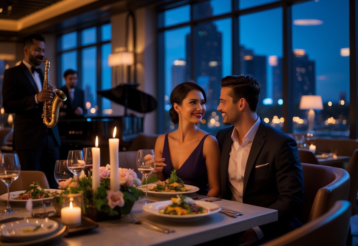 A couple enjoying a candlelit dinner with a live jazz band playing in the background at a stylish restaurant.