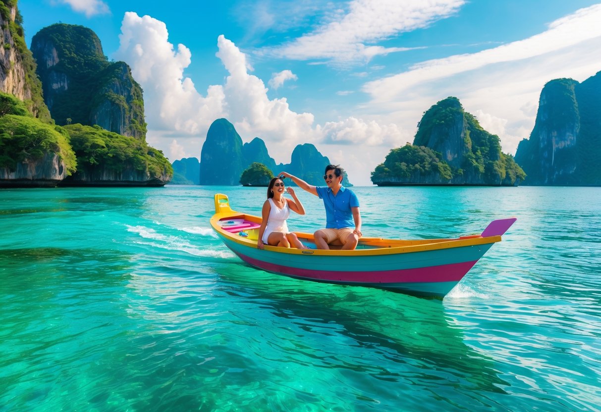 A couple on a small boat enjoying island hopping in clear blue waters surrounded by green islands in Manila Bay.