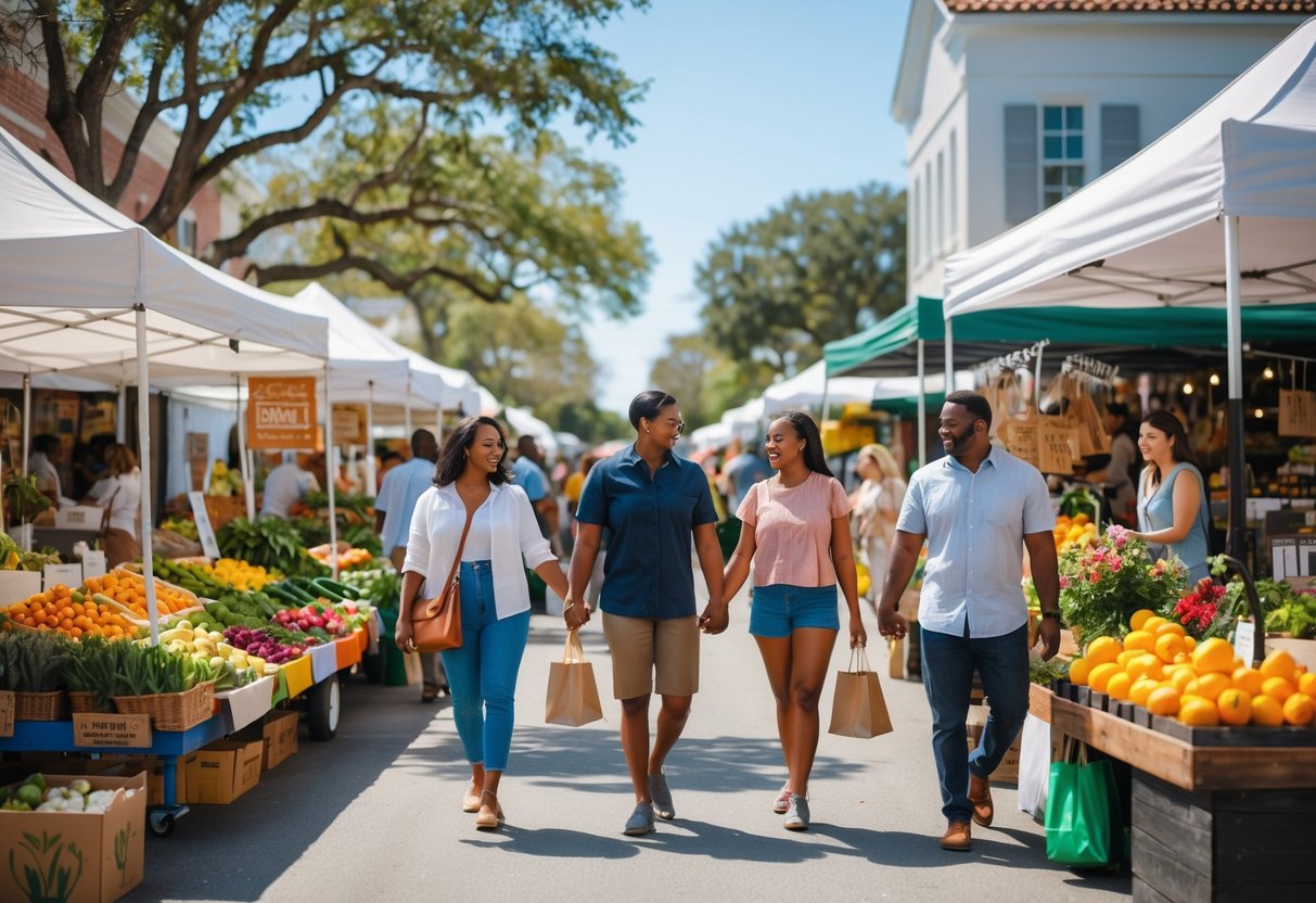 Couples and families walking and shopping at an outdoor farmers market with colorful stalls and fresh produce on a sunny day.