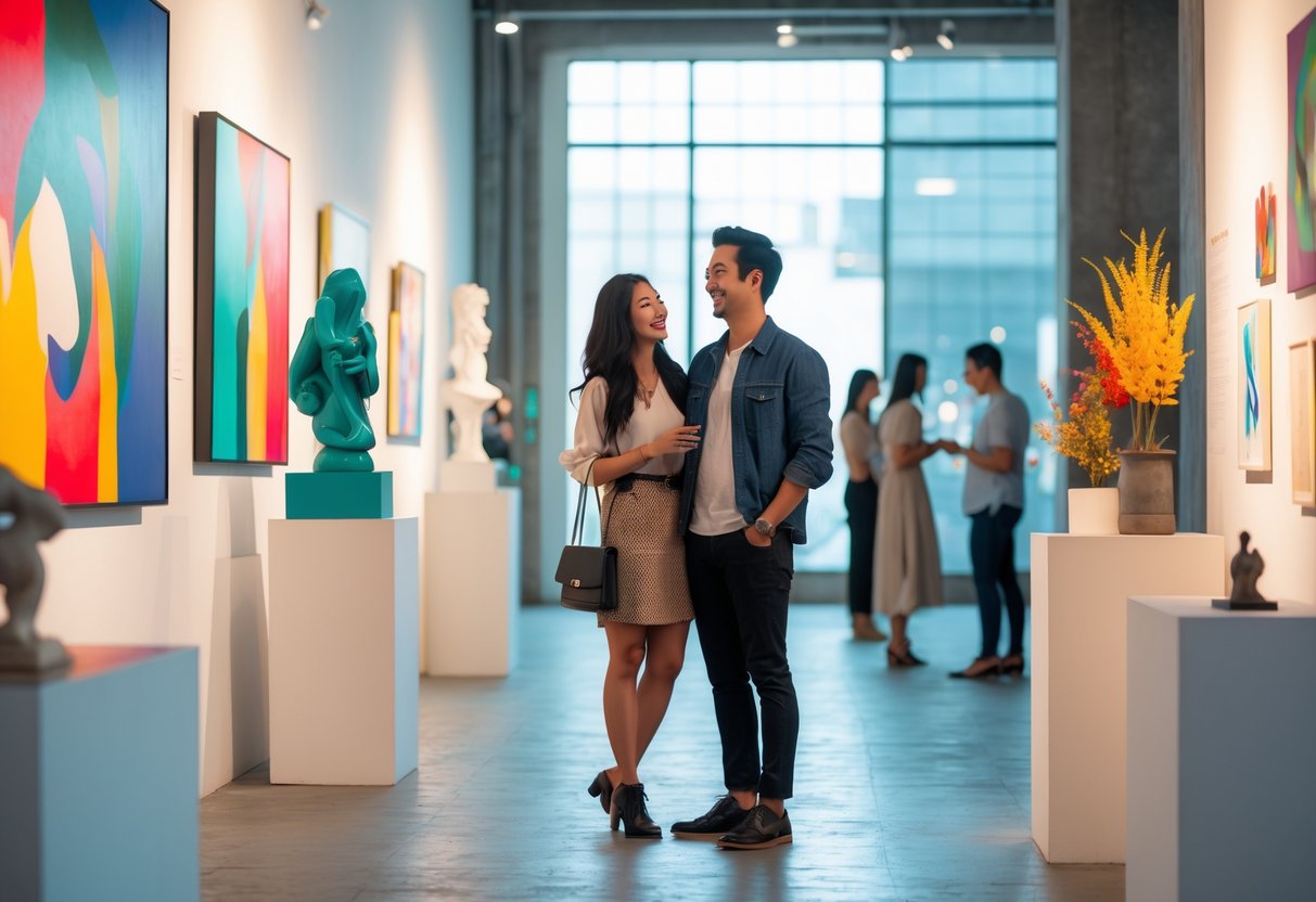 A young couple enjoying a visit to an art gallery with colorful paintings and sculptures around them.