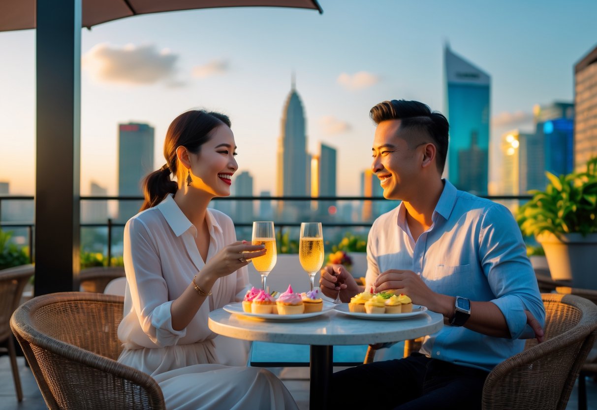A couple enjoying dessert together at a rooftop cafe with a city skyline in the background.