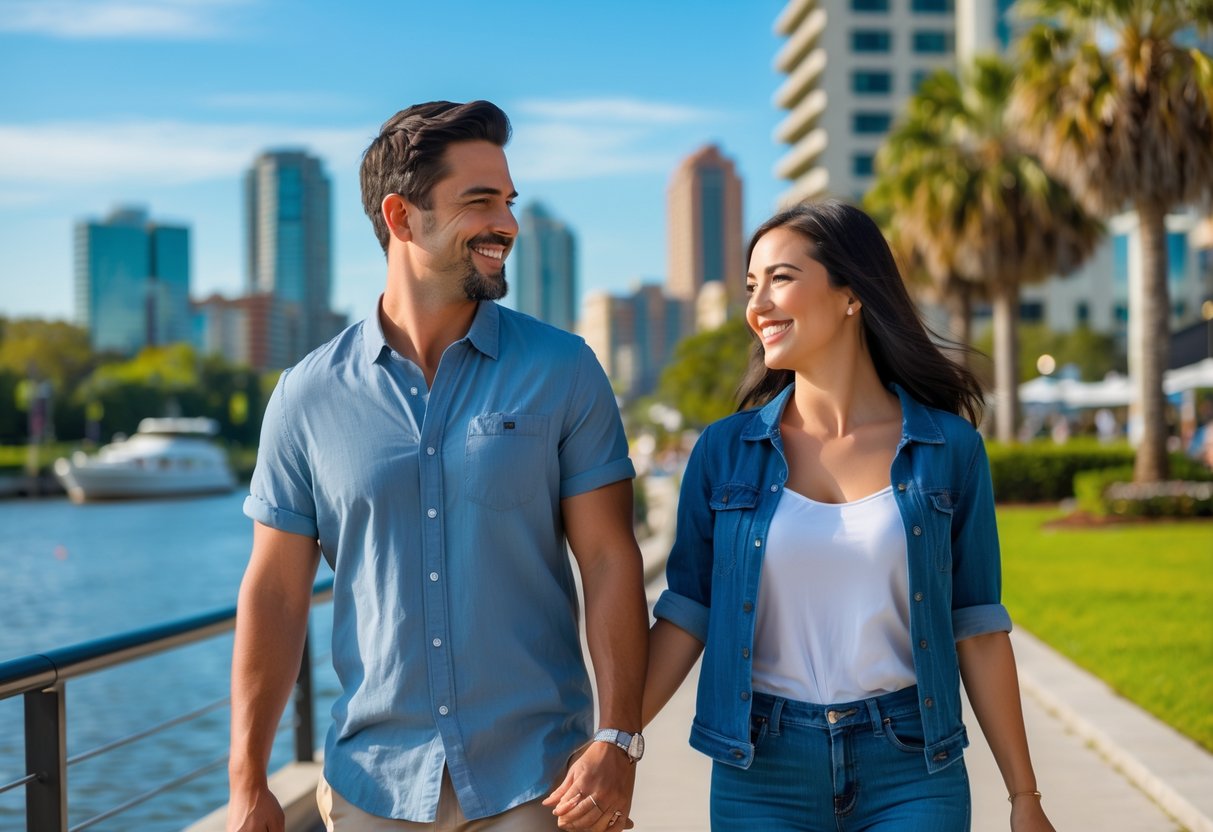 A couple walking hand-in-hand along a riverside park with city buildings and boats in the background.