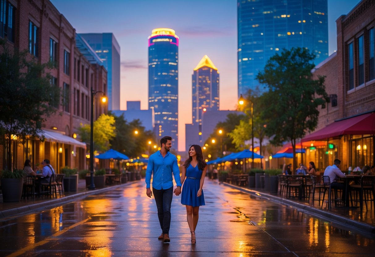 A couple walking hand in hand on a city street in downtown Dallas at sunset with buildings and streetlights around them.