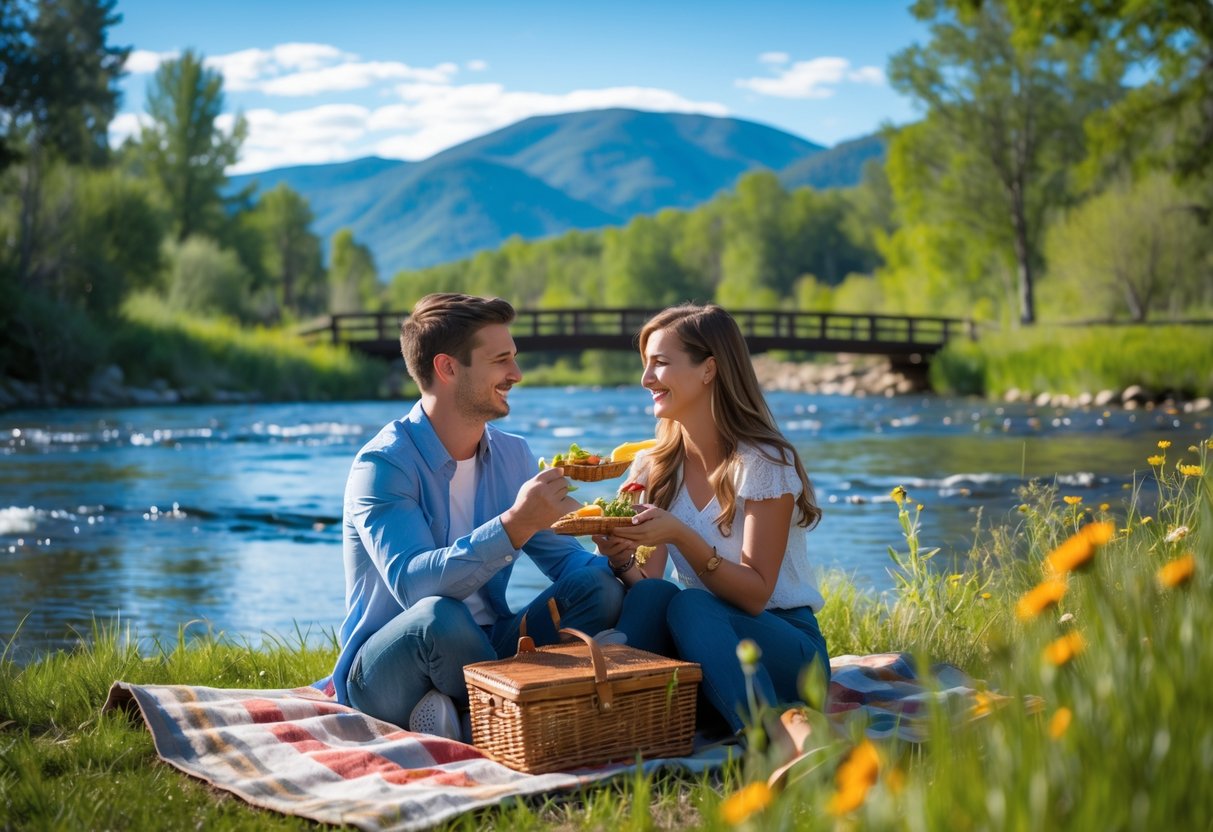 A couple having a picnic by a river with mountains and trees in the background.