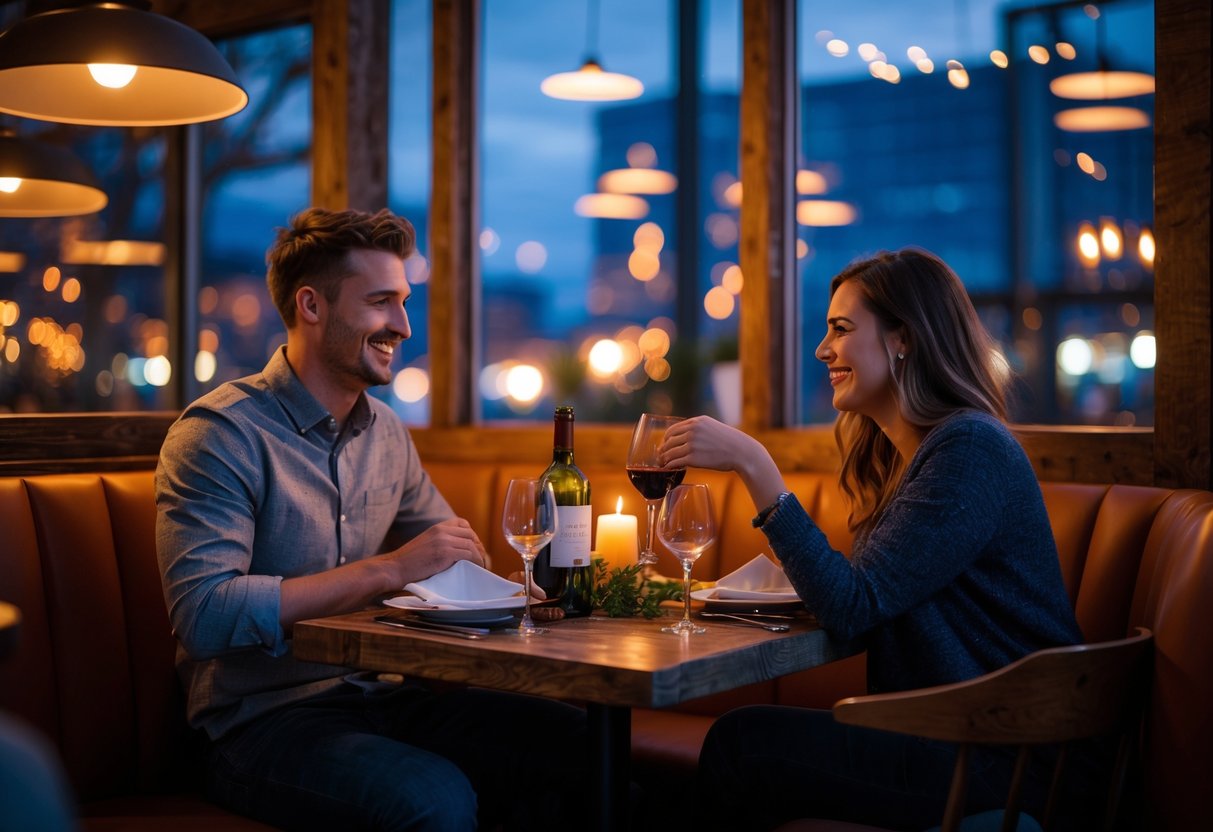 A young couple enjoying a romantic dinner at a cozy restaurant table with candlelight and wine.