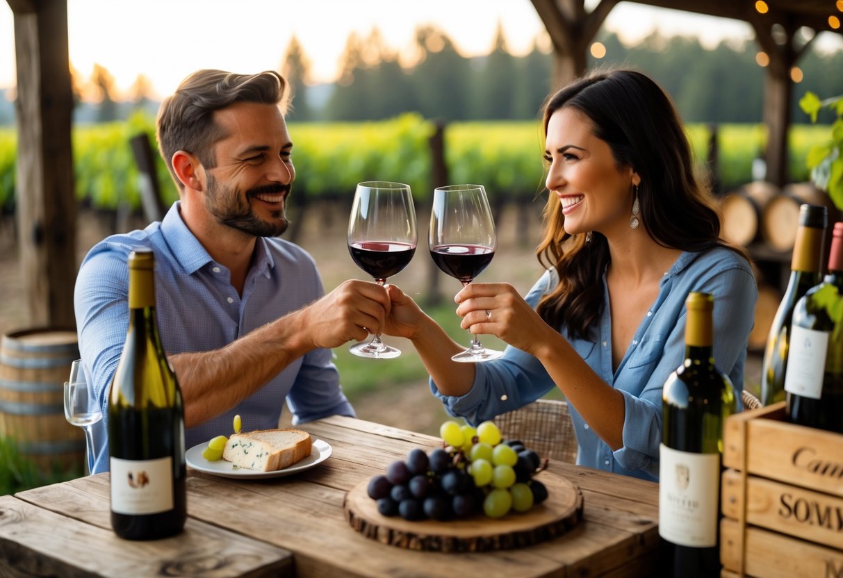 A couple enjoying wine tasting together at a winery with wine glasses, bottles, and a cheese plate on a wooden table.