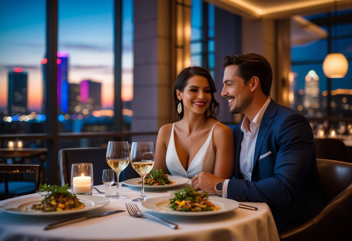 A couple enjoying a romantic dinner at an elegant restaurant with city lights visible through large windows.