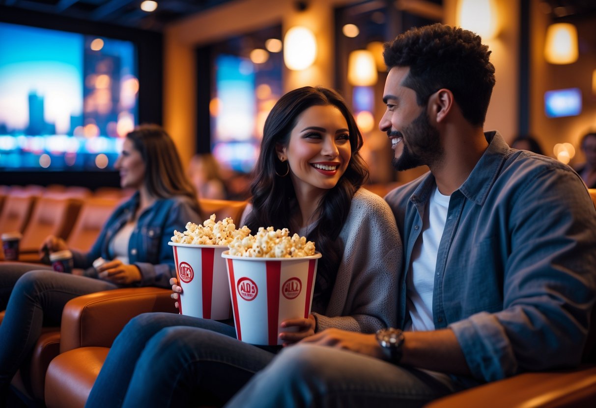 A young couple enjoying a movie night together in a theater, sharing popcorn and smiling.