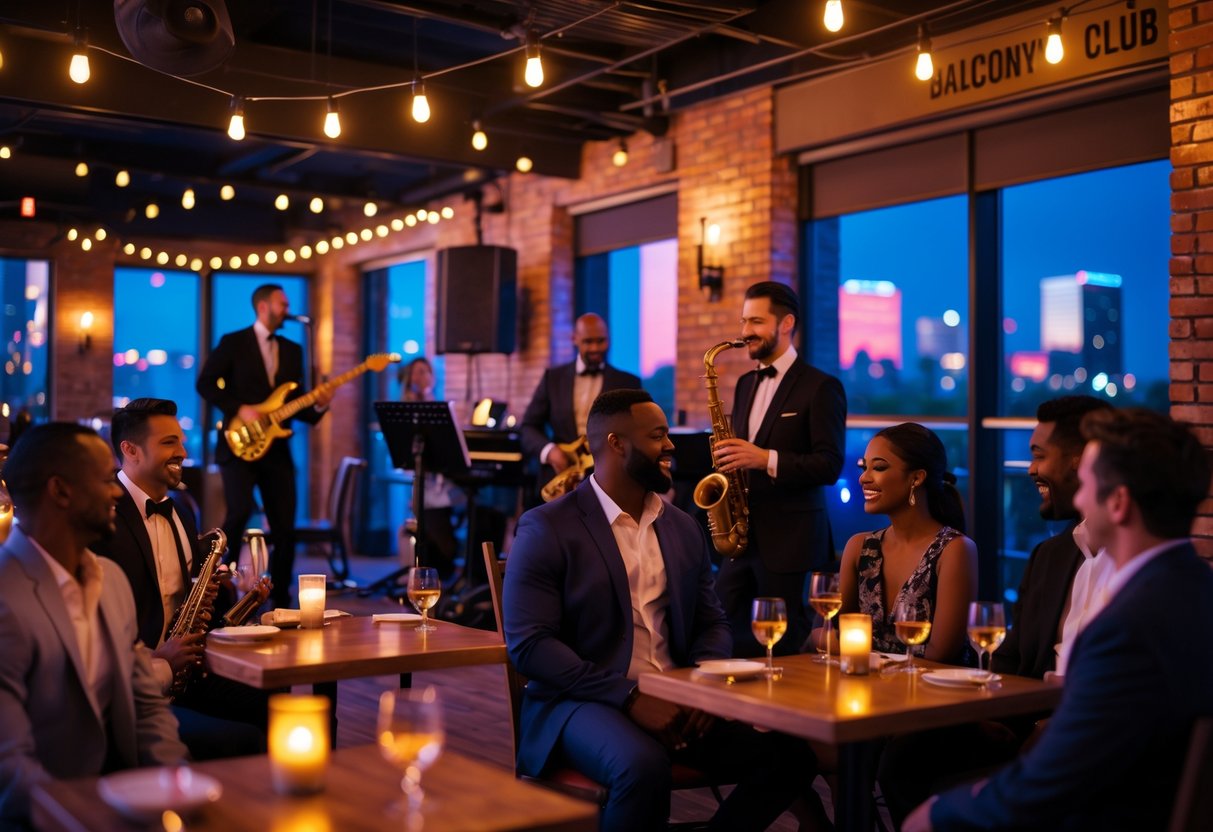 Couples and friends enjoying a live jazz band performing on stage inside a cozy downtown club.