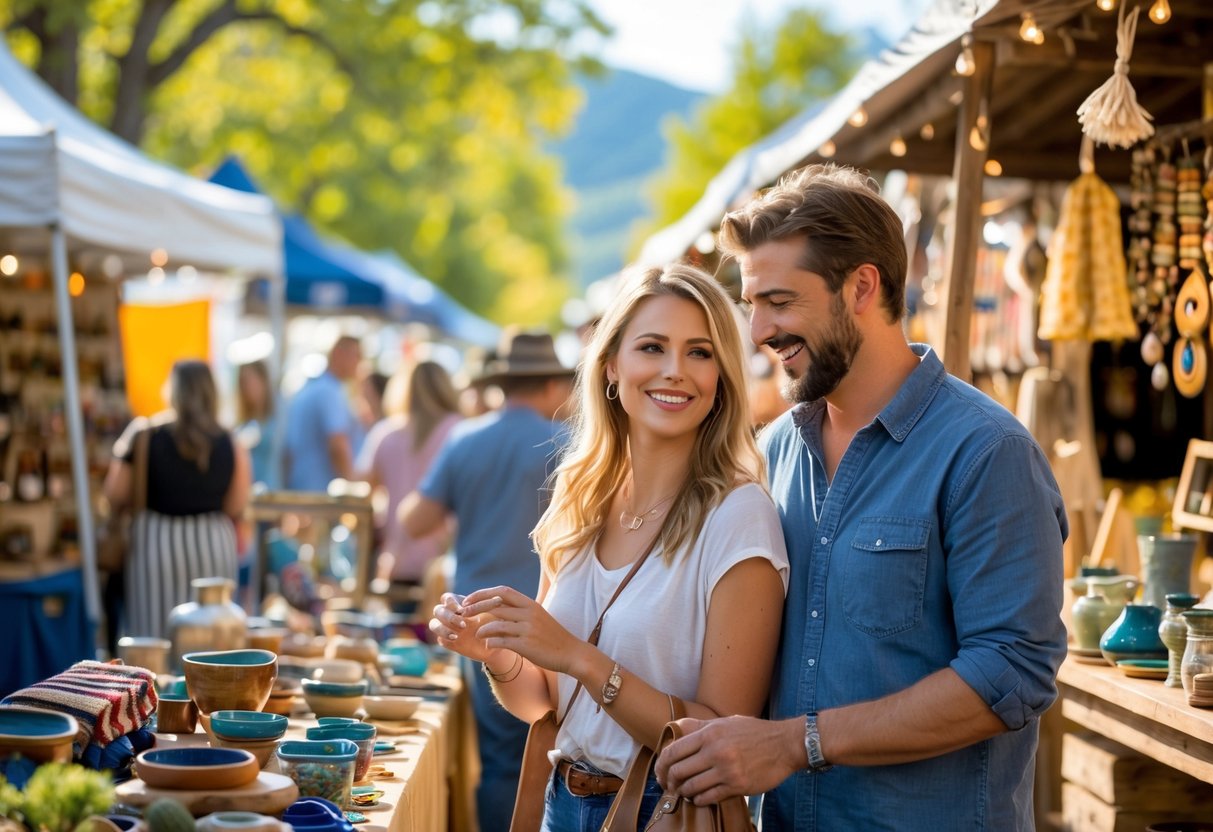 A couple shopping together at a local craft market with colorful handmade goods and vendors in the background.