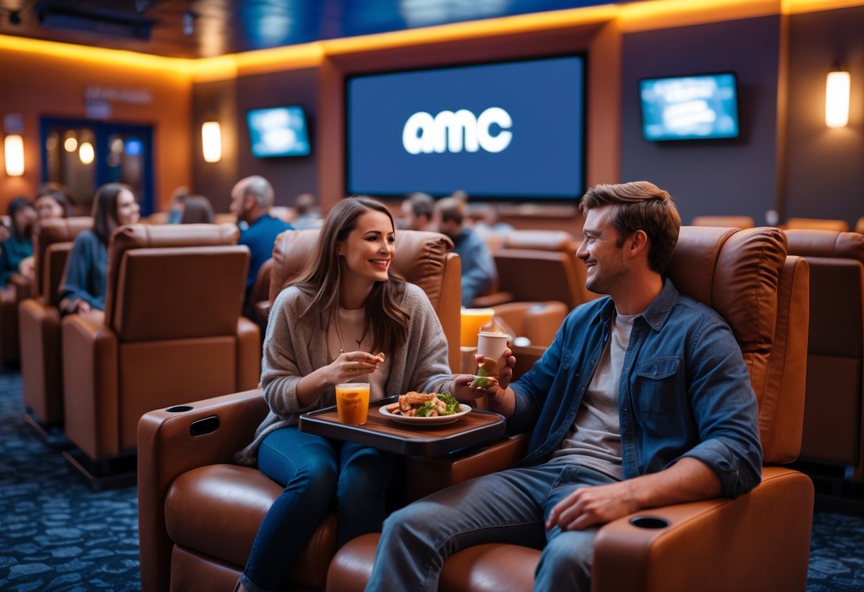 A couple enjoying a meal together while watching a movie in a dine-in theater.