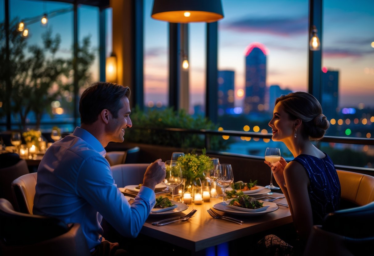 A couple enjoying a romantic dinner at a stylish restaurant with city views in the background.