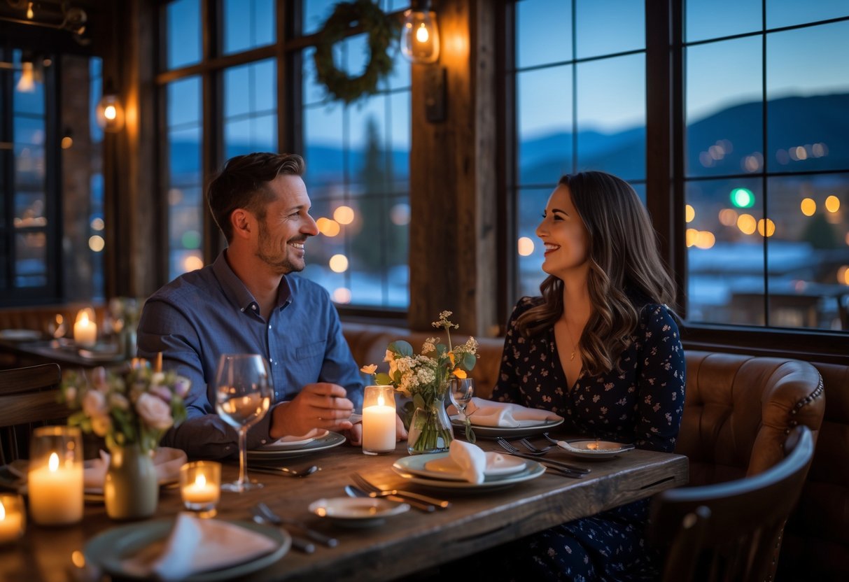 A couple enjoying a romantic dinner at a warmly lit restaurant table with rustic decor and a view of Missoula at twilight.
