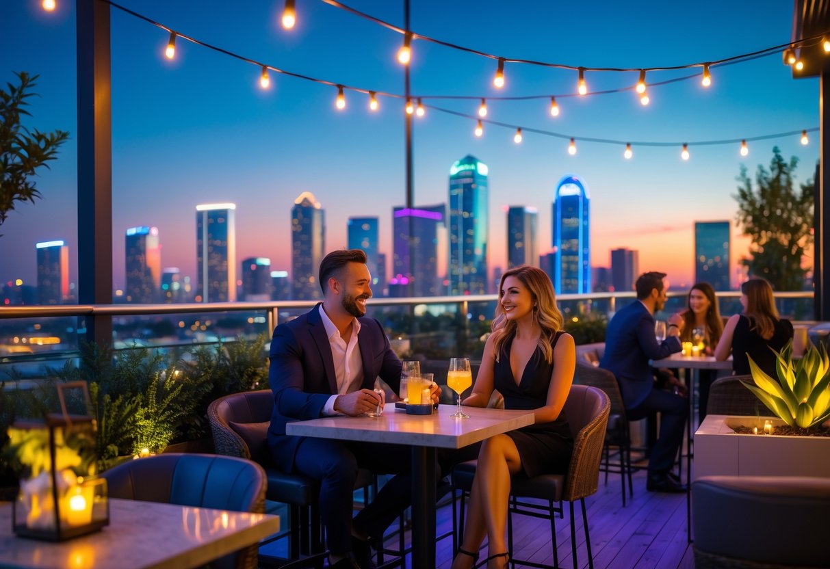 A couple enjoying drinks at a rooftop bar with the downtown Dallas skyline in the background during evening.