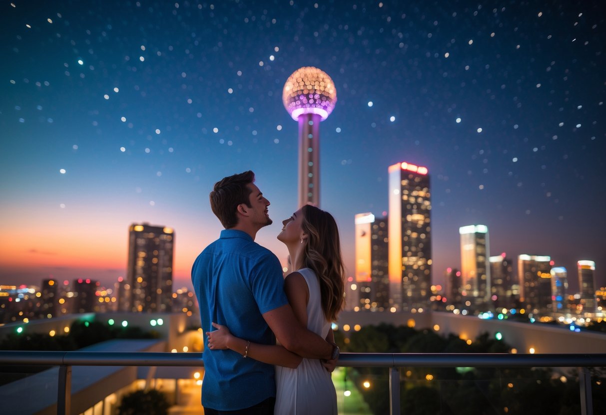 A couple stargazing together near the illuminated Reunion Tower in downtown Dallas at night.
