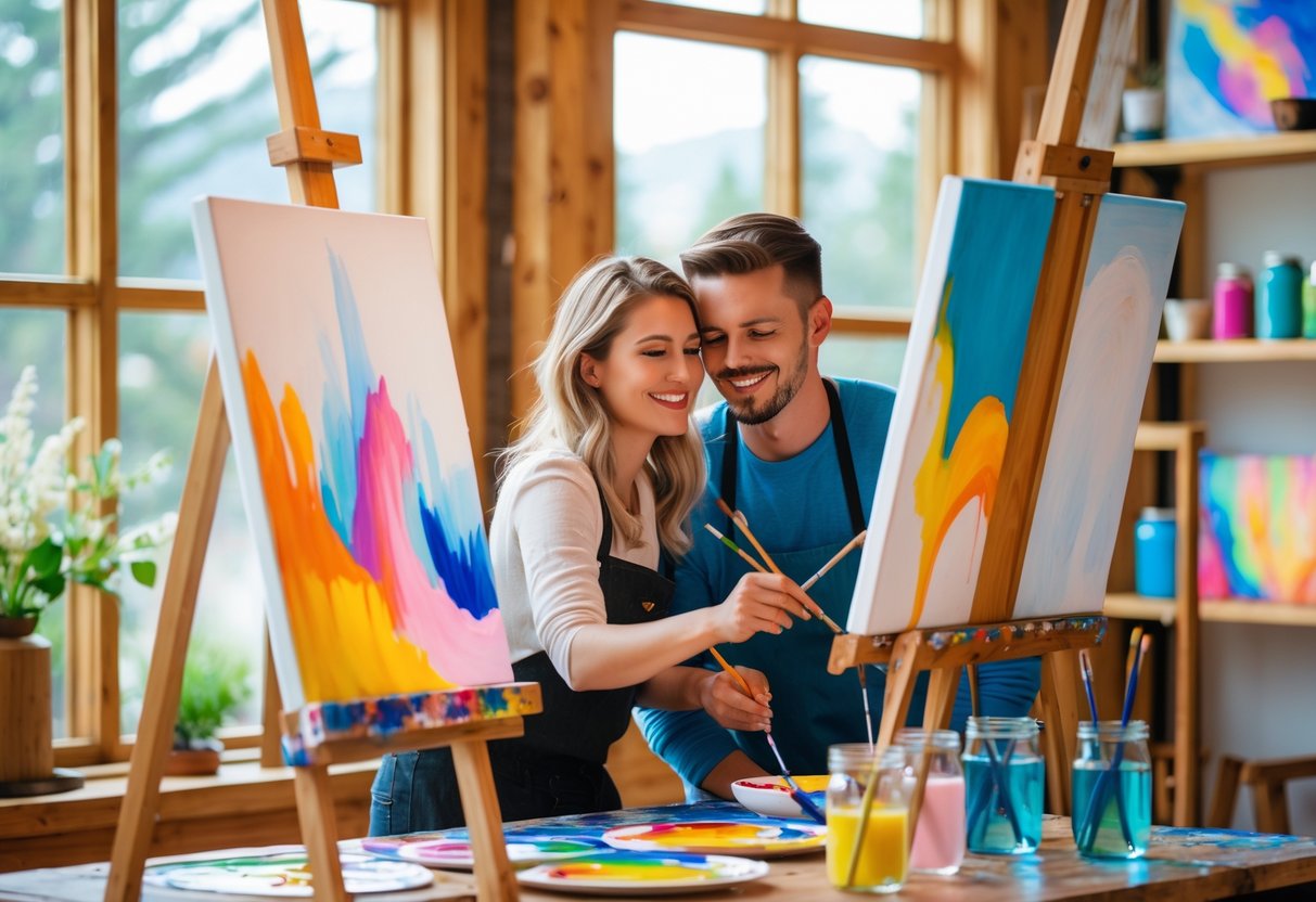 A couple painting together in a bright art studio, smiling and focused on their canvases.