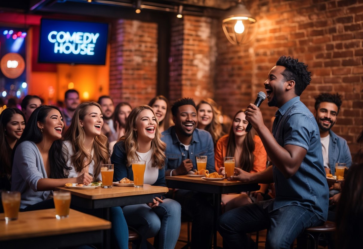 People enjoying a comedy show at a cozy downtown Dallas comedy club with a comedian performing on stage.