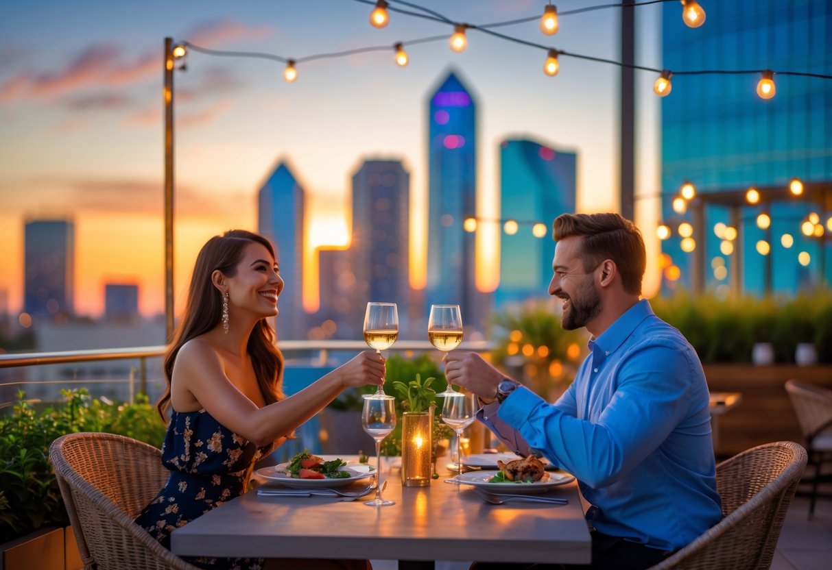 A couple enjoying a romantic rooftop dinner with a view of downtown Dallas skyscrapers at sunset.