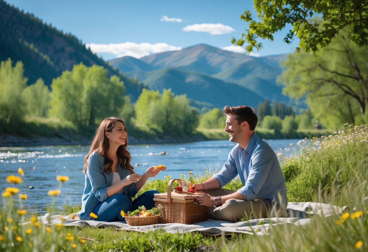 A young couple enjoying a picnic by a river with trees and mountains in the background.