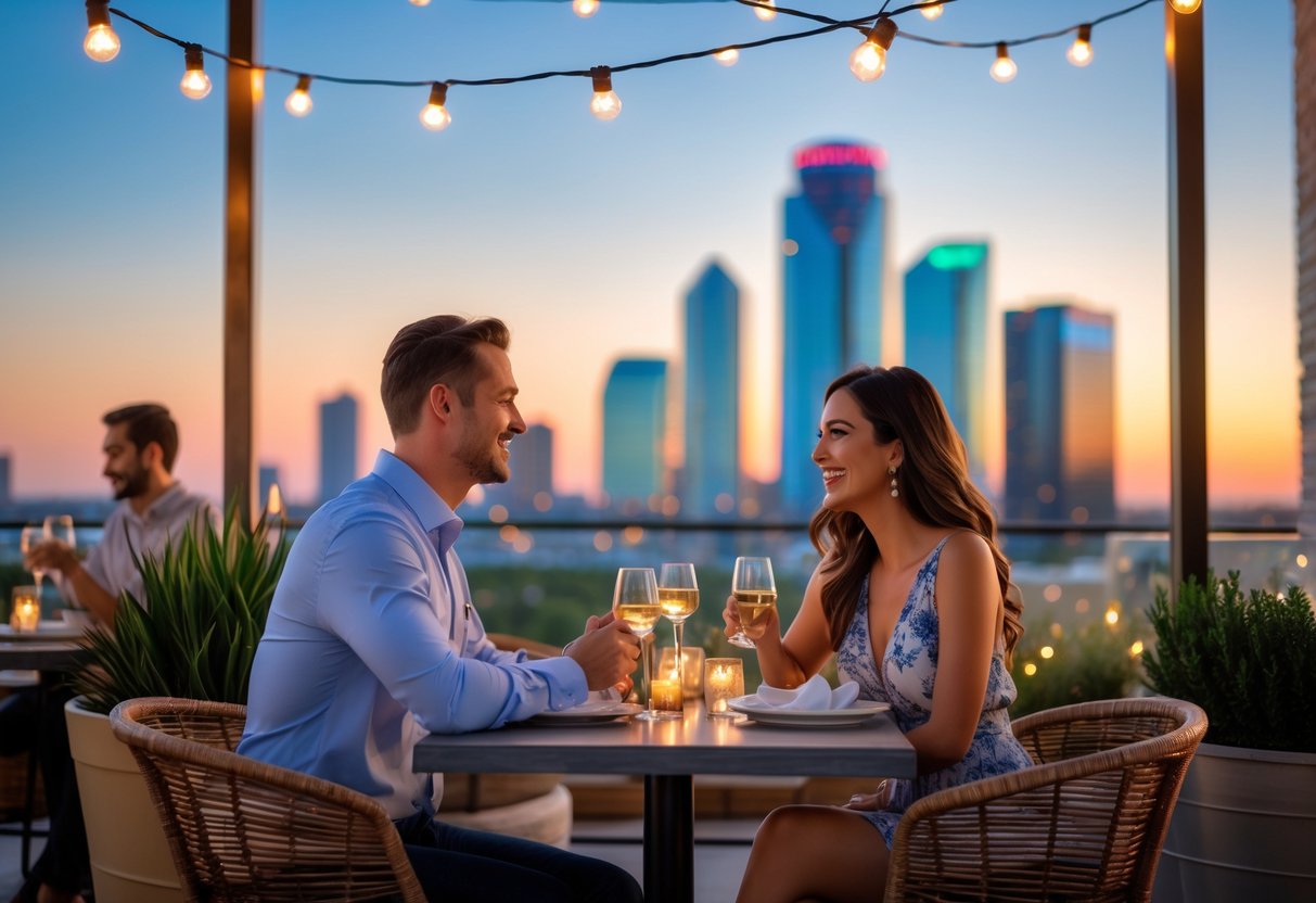A couple enjoying a rooftop dinner with the downtown Dallas skyline in the background during sunset.