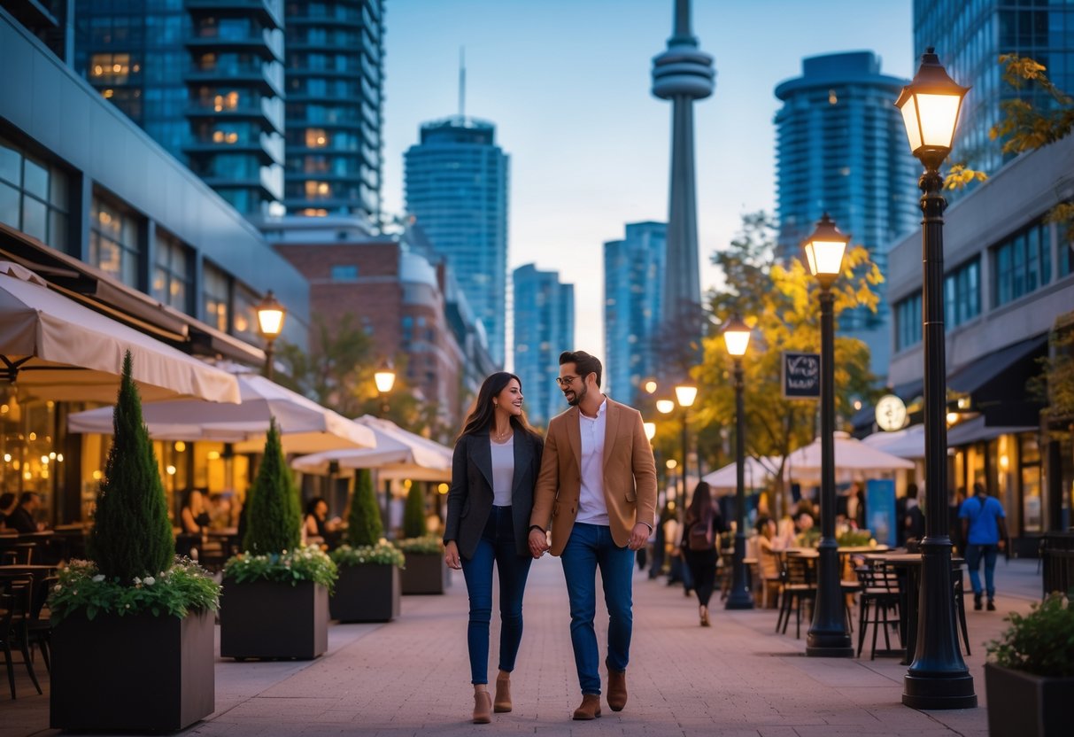 A young couple walking hand-in-hand on a busy downtown Toronto street with the CN Tower in the background during evening.