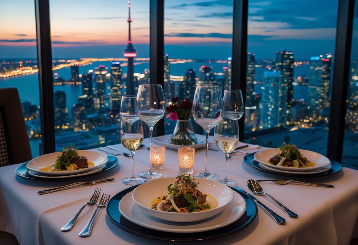 A dinner table for two inside a restaurant with large windows showing the Toronto city skyline at dusk.