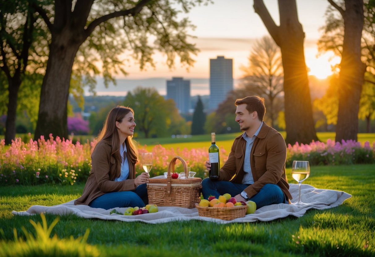 A couple enjoying a sunset picnic on a blanket in a green park surrounded by trees and flowers.