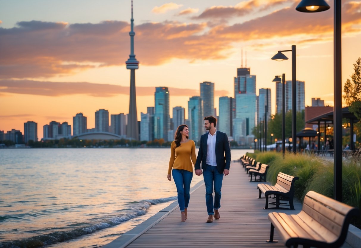A couple walking hand in hand along a wooden boardwalk by the water with the Toronto skyline and CN Tower in the background at sunset.