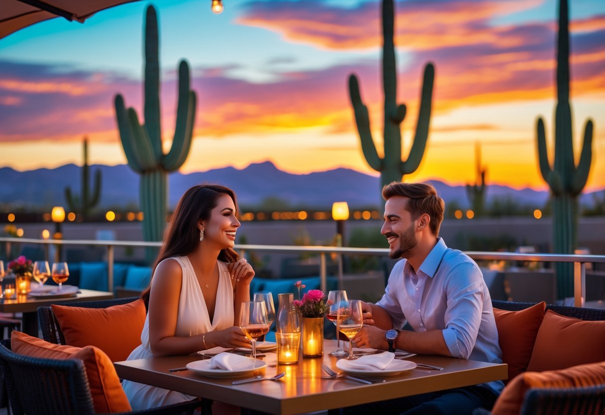A young couple enjoying a romantic outdoor dinner at sunset with desert cacti and mountains in the background.