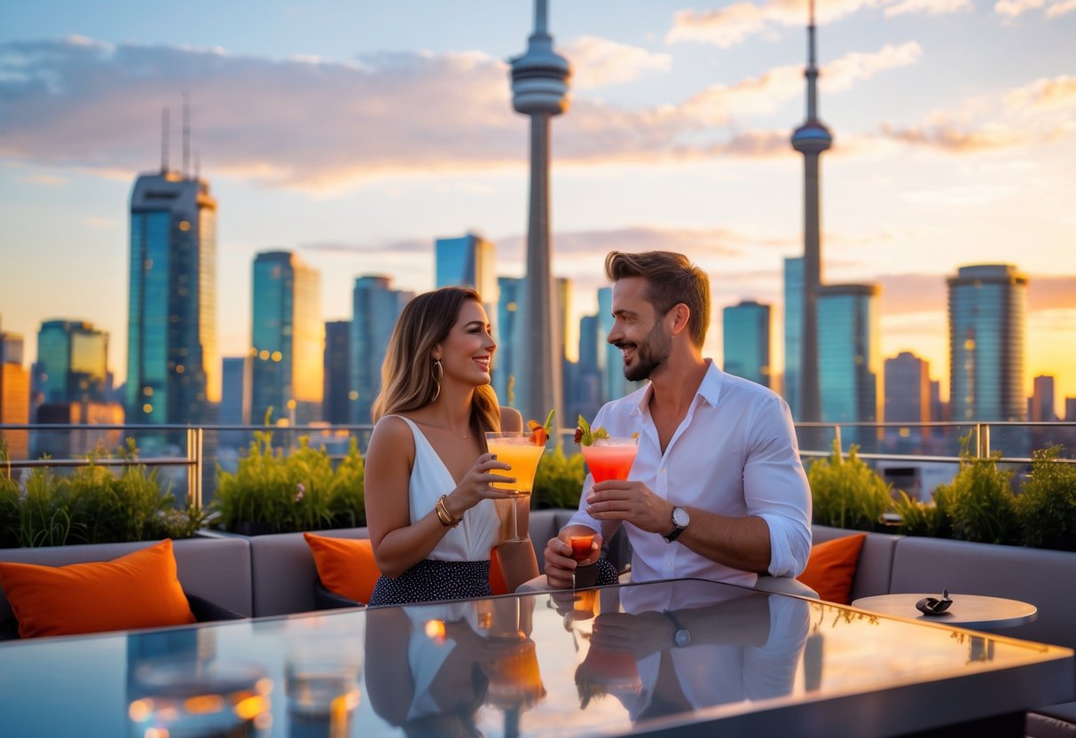 A couple enjoying drinks together at a rooftop bar with the Toronto skyline in the background during sunset.