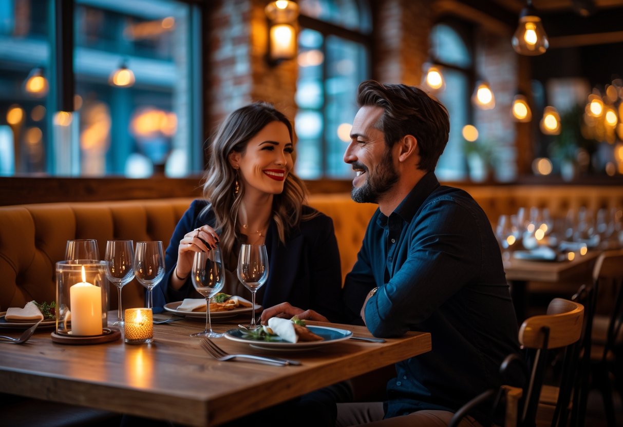 A couple enjoying a cozy dinner at a warmly lit restaurant table set for two.