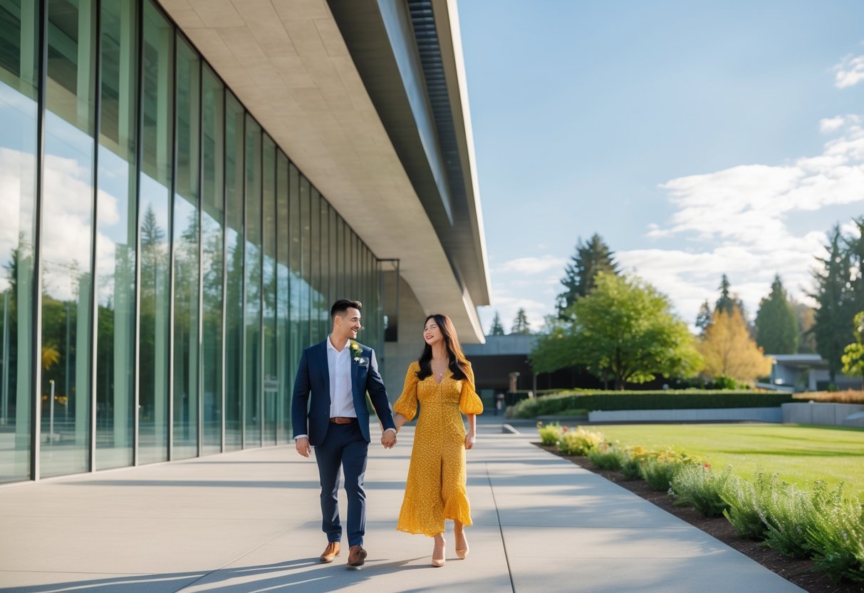 A couple walking hand in hand outside the Portland Art Museum on a sunny day.