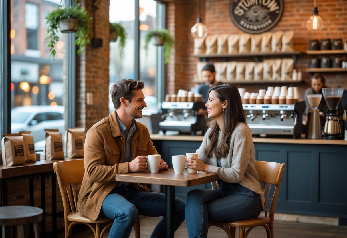A young couple enjoying coffee together at a table inside a bustling coffee shop with warm lighting and rustic decor.
