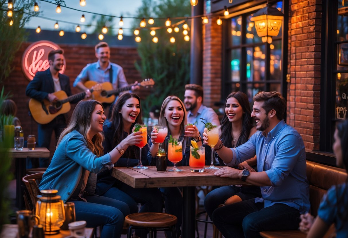 People enjoying cocktails and live music at an outdoor patio with warm lighting and a small band performing.