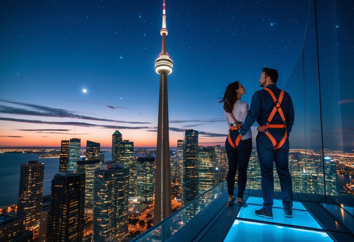 A couple stargazing together on the CN Tower Edgewalk in downtown Toronto at night with the city skyline in the background.