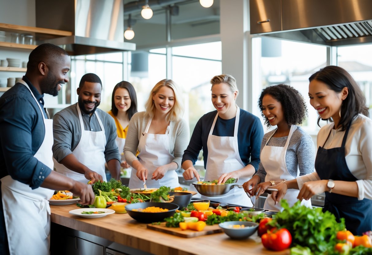 A group of adults cooking together in a bright kitchen studio with fresh ingredients and a chef instructor guiding them.