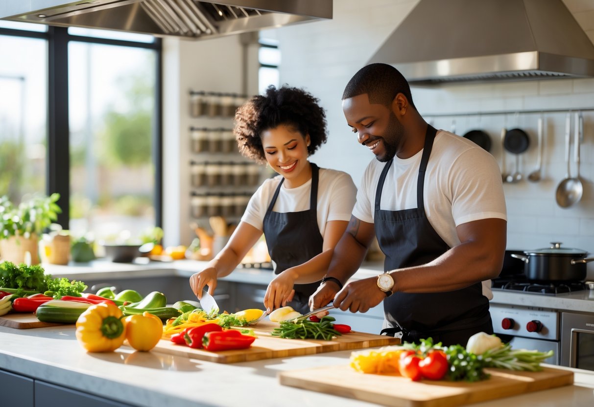 A couple cooking together in a bright, modern kitchen preparing fresh ingredients on a kitchen island.